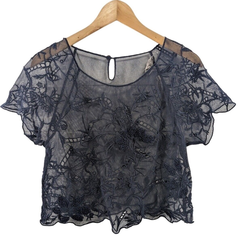 Vanessa Virginia Anthropologie Womens Floral Sheer Lace Crop Top S Blue Romantic - Picture 2 of 11